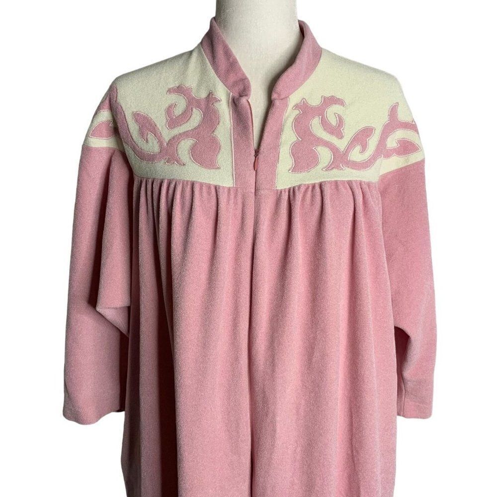 Vintage Vanity Fair Fleece Half Zip Robe L Pink Long Sleeve Applique Pockets